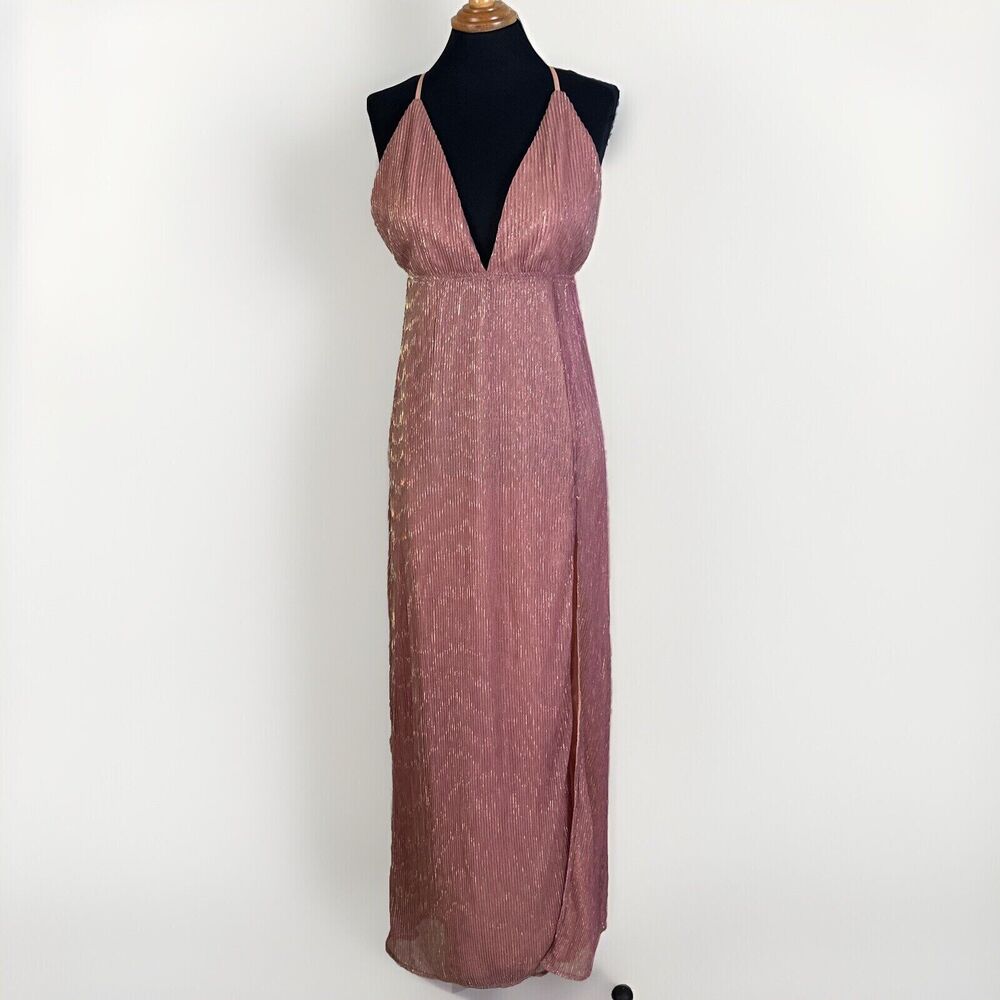 Superdown Hailee Maxi Dress Pink High Slit Plunge Cross Strap Back Sz Small NWT